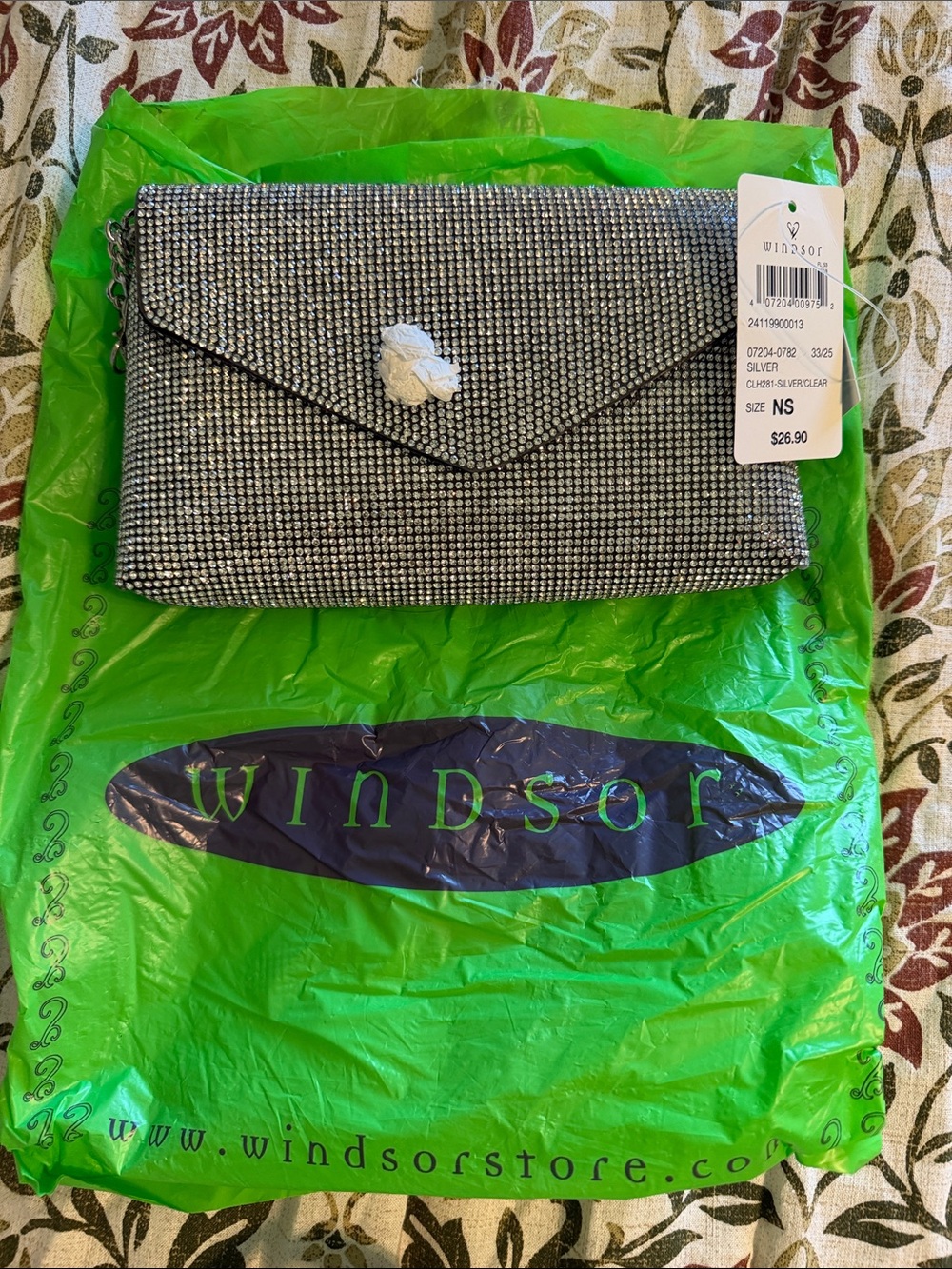 Windsor Silver Crystal Envelope Crossbody Clutch